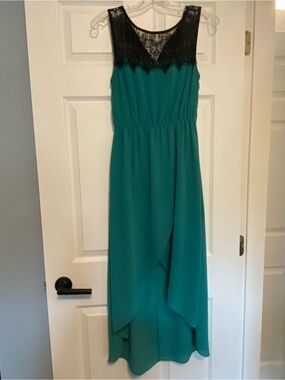 Teal Maxi Dress with Black Lace Neckline